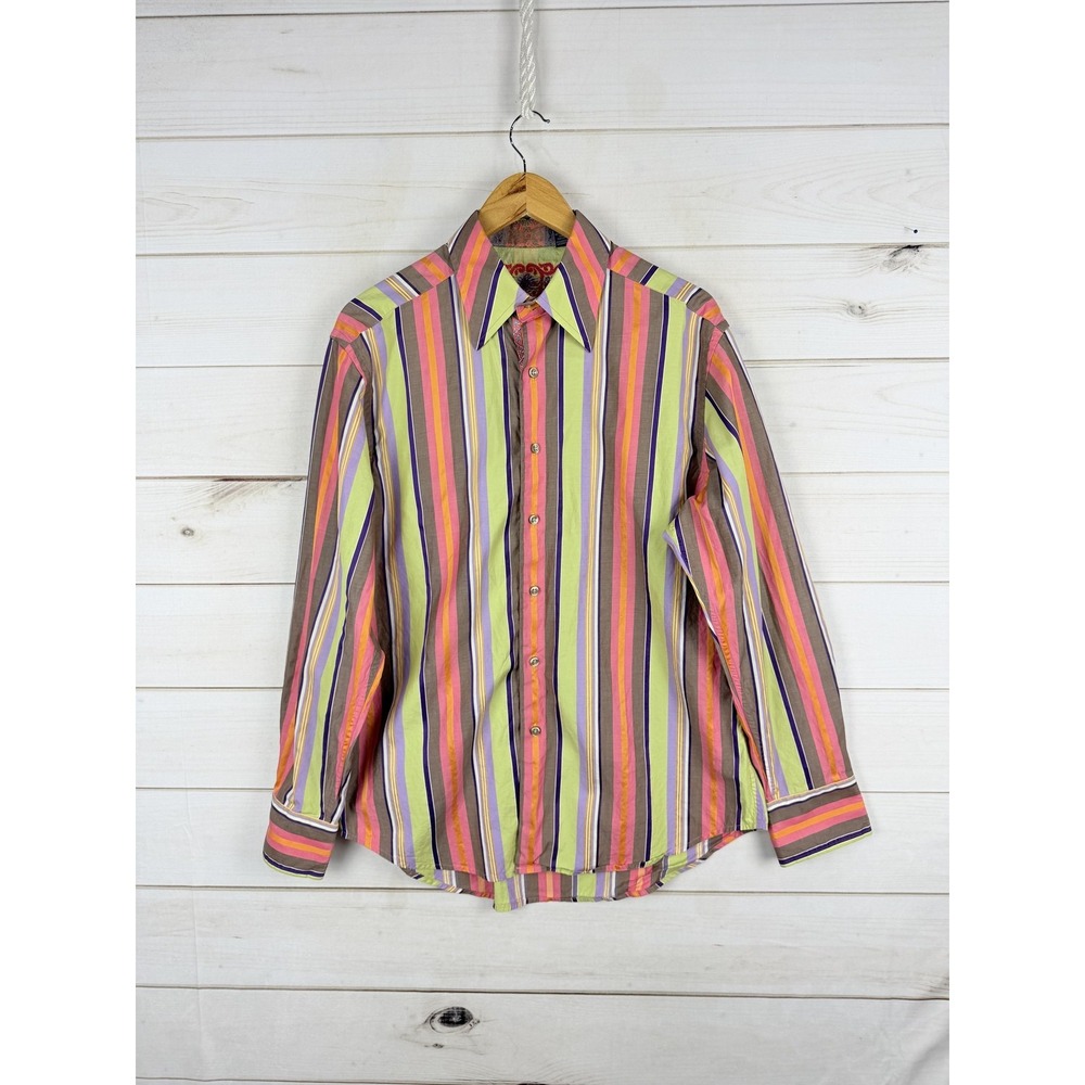 Robert Graham Shirt Mens Large Multicolor Stripe Button Up Silk Trim Long Sleeve